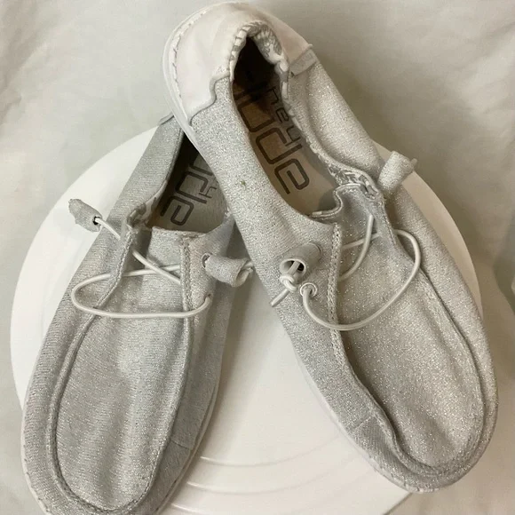 Hey Dude Shoes Womens 7 Wendy Stretch Sparkling White Mocs Laced - Picture 5 of 11